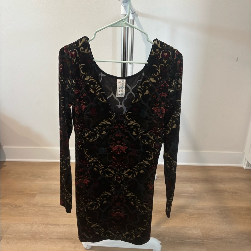Free People Black Velvet Burnout Long Sleeve Dress with Red and Gold Motif